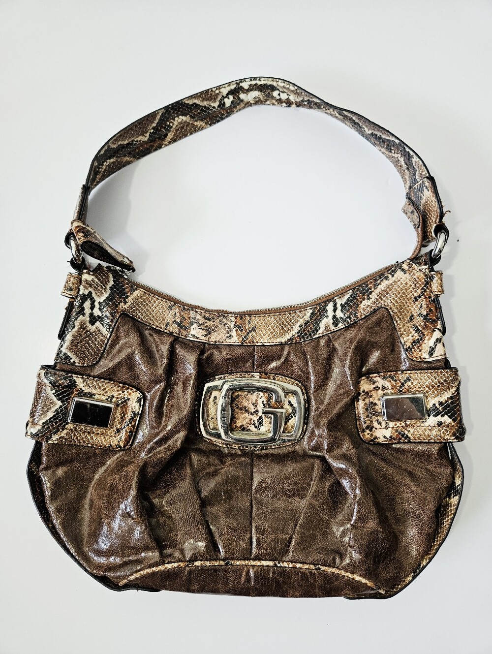 Vintage Y2K Guess Bag Large Buckle Brown Snakeskin Purse